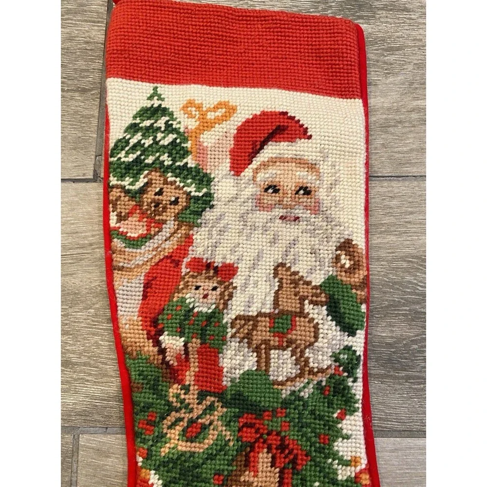 2x Vintage 1990s Needlepoint Hanging Christmas Stockings Santa And Cat